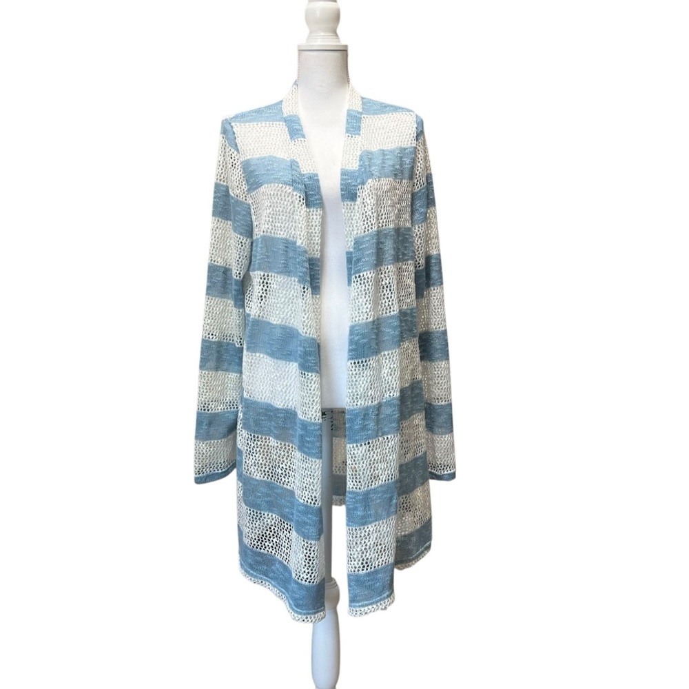 Retro Threds Open Front Cardigan Blue White Stripes Beach Coastal Size Small‎